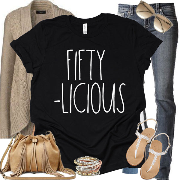 50th Birthday Tee for Women, Fifty-Licious